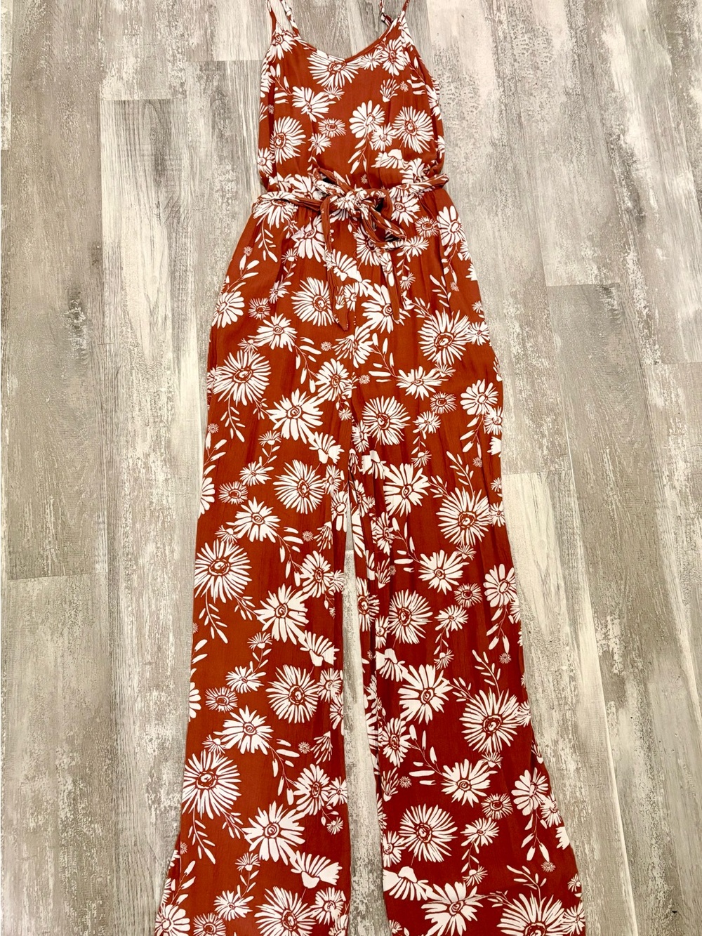SO Rust Floral Wide-Leg Jumpsuit with White Daisy or sunflower Print